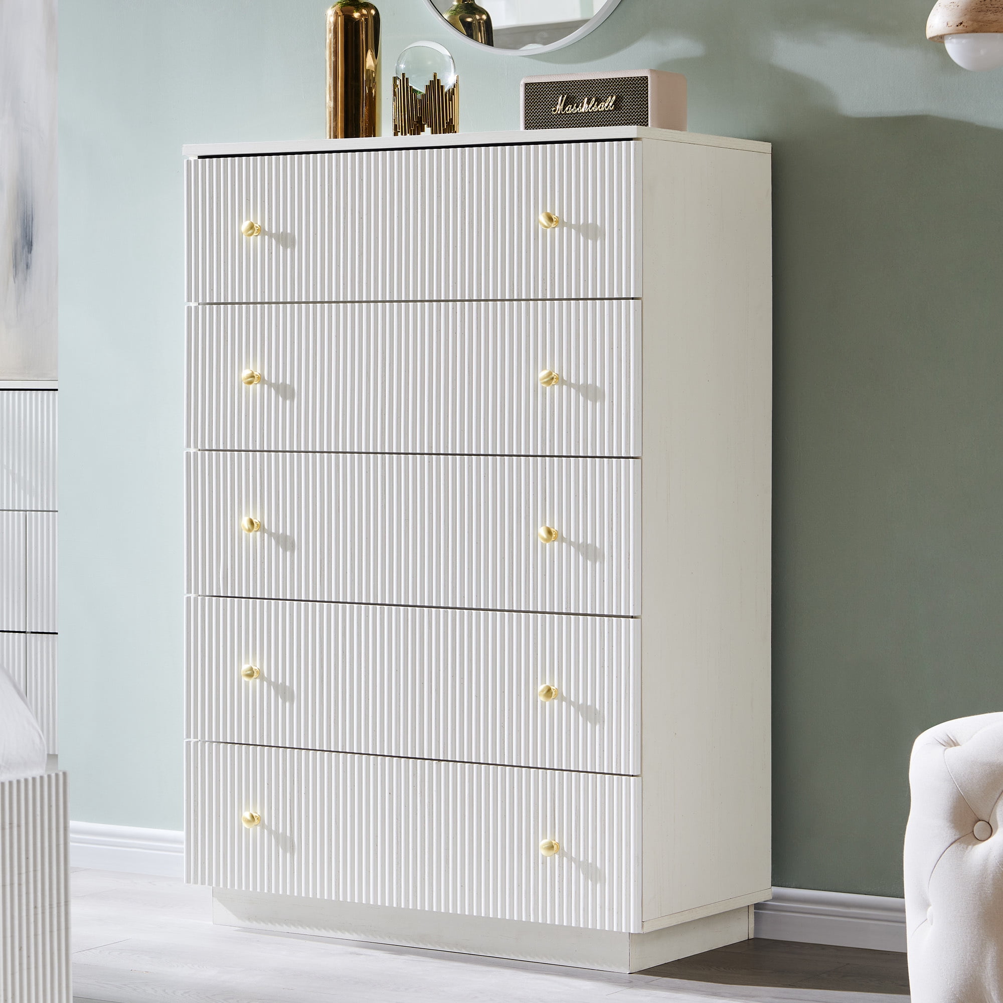 wow97e Fluted 5 Drawers Dresser, Wood Tall Chest of Drawers with Deep Storage, Modern Bedroom Chest for Closet Hallway, Entryway, Living Room