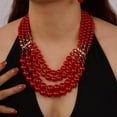 thumbnail image 2 of 1920s Flapper Faux Pearl Strand Necklace and Earrings Set Boho Vintage Layered Long Chunky Crystal Stacked Choker for Women, 2 of 12