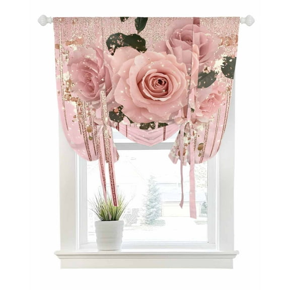 Pink Roses Romantic Tie Up Curtains for Window, Thermal Insulated Balloon Shade Adjustable Rod Pocket Curtains Valance Panels for Kitchen Bathroom Cafe 42 x 63 Watercolor Botanical Floral