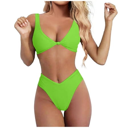JIANJIA Swim Suits for Women Summer Solid Color Strappy V Neck Knot Front Push Up Bra And Panty Set Two Piece Tankinis Swimwears Bathing Suits Green L