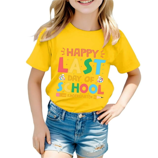 Rovga 3-4 Years Tops For Girls Cartoon Printed Round Neck T Shirt Short Sleeve Multicolor Letter Prints O Neck Fashion Playsuit Yellow