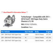 Turbocharger - Compatible with 2011 - 2016 Ford F-350 Super Duty Cab & Chassis 6.7L V8 2012 2013 2014 2015