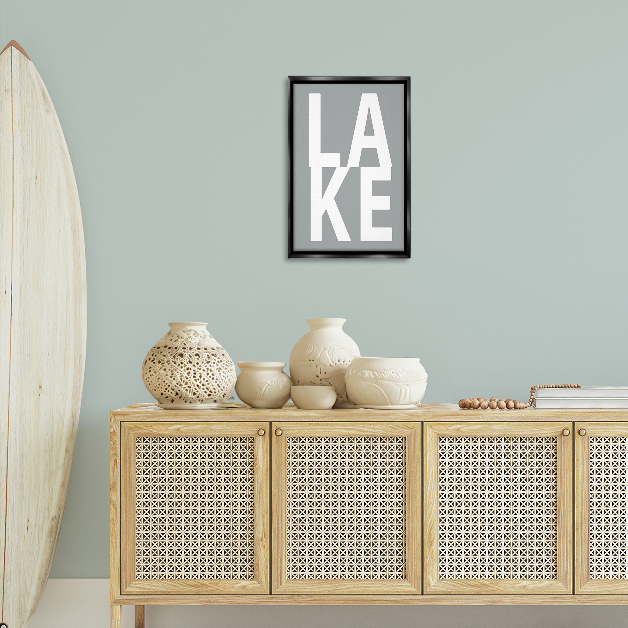 Stupell Industries Lake Word on Grey Typography Painting Black Floater Framed Art Print Wall Art, 17 x 25
