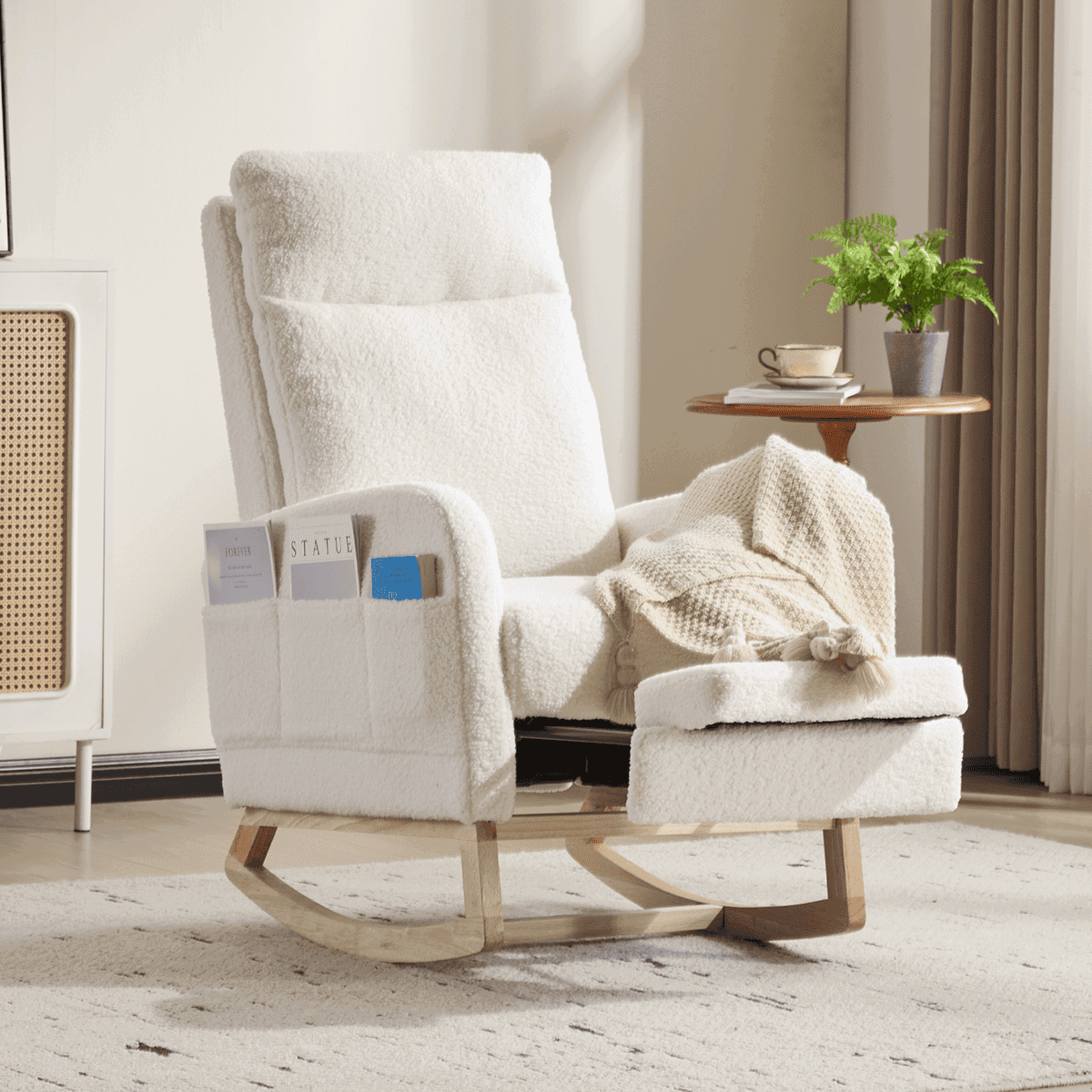Spaco Modern Accent Rocking Chair with Side Pocket, Rocking Chair with Solid Wood Legs, Upholstered Nursery Glider Rocker, Lounge Arm Chair with High Backrest for Indoor, White