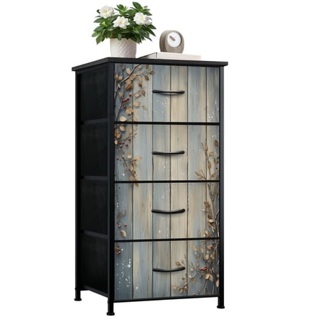 Dresser for Bedroom with 4 Storage Drawers Rustic Wooden Plank Autumn Leaves Red Berries Accent botanical Dressers Chest of Drawers Steel Framed Fabric Closet Organizers for Dorm End Table