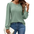 thumbnail image 3 of Long Sleeve Eyelet Tops for Women 2025 Spring Fall Crew Neck Shirts Casual Loose Blouse Trend Outfits Clothes Green XL, 3 of 9