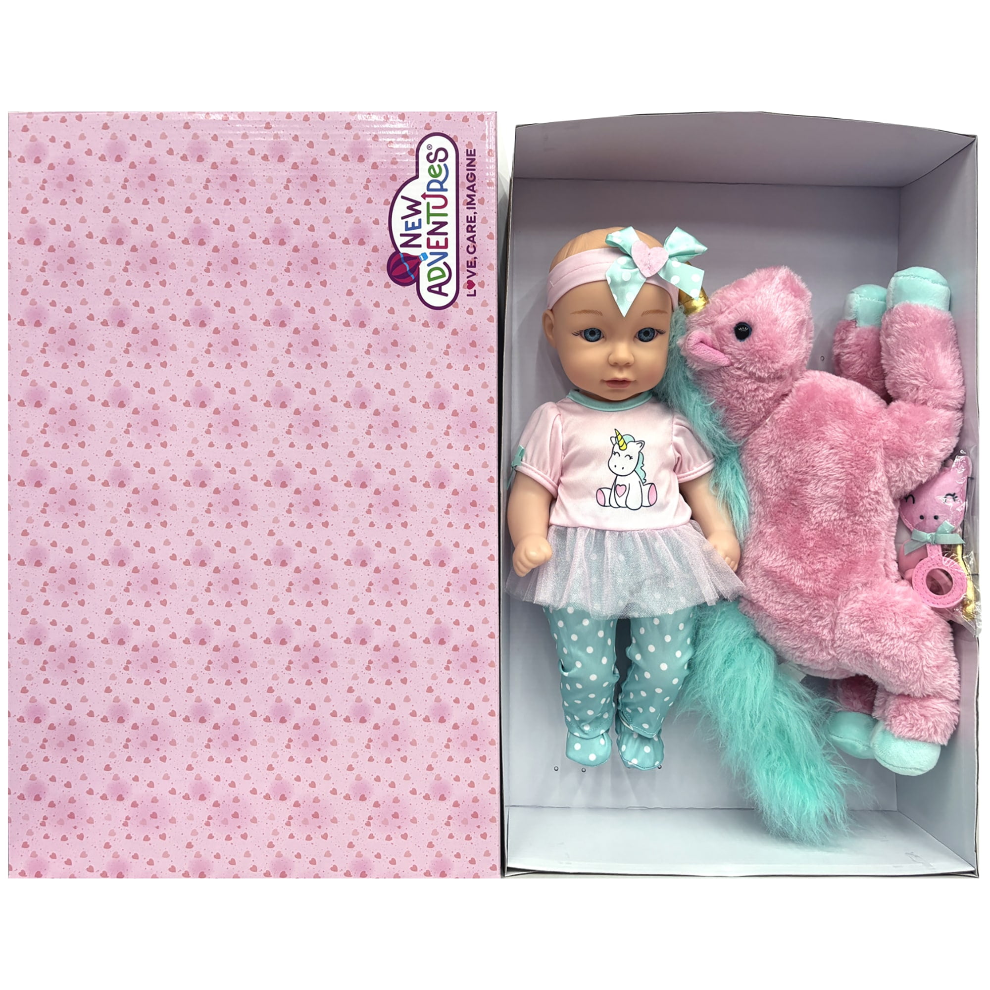 Little Darlings: 15" Hop On Baby Set - Unicorn, Pink, Green - Hard Body Baby Doll, Large Plush Unicorn, Hat & Accessories, New Adventures, Kids Age 3+