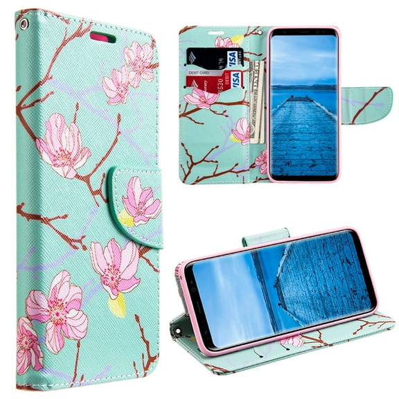 GSA Japanese Blossom Folio Flip Wallet Case For Samsung Galaxy S8 - Teal/Pink