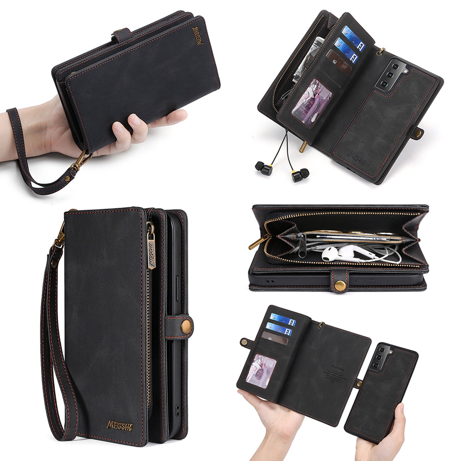 for Samsung Galaxy S24 Case for Women Men, Removable Durable PU Leather Magnetic Flip Strap Wristlet Zipper Purse Card Holder Detachable Wallet Phone Cases for Samsung Galaxy S24, Black