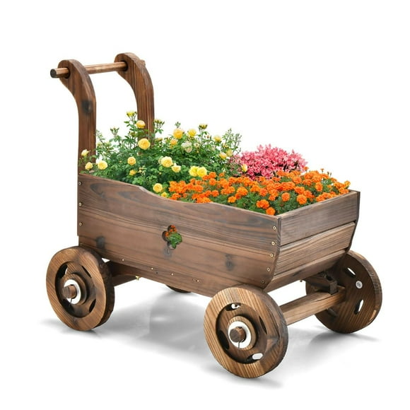 Costway Carrito de Flores con Caja de Madera Ruedas Asa Orificio de Drenaje Soporte para Macetas Rodante Decoración de Jardín Patio Balcón Marrón