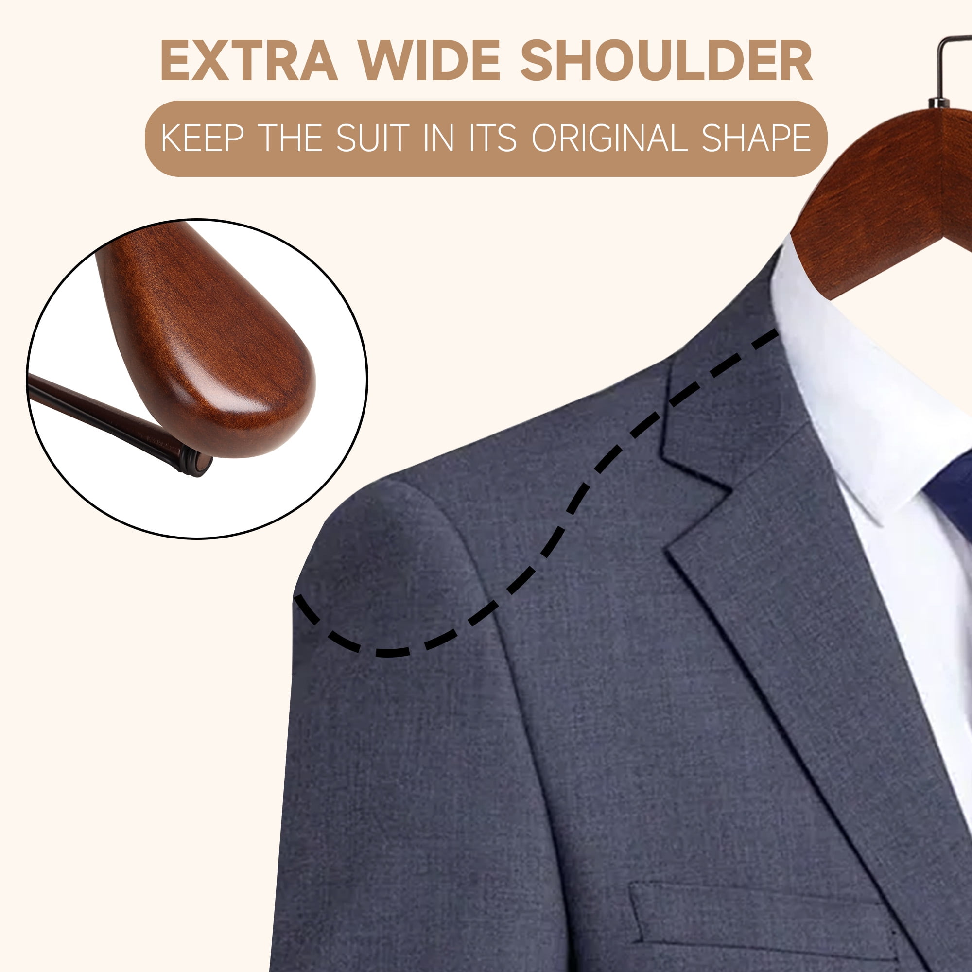 BP4U 12-Pack Premium Wide Shoulder Wooden Suit Hangers, Heavy-Duty Non-Slip Solid Wood Coat Hangers with Locking Bar for Suits & Coats(Walnut)