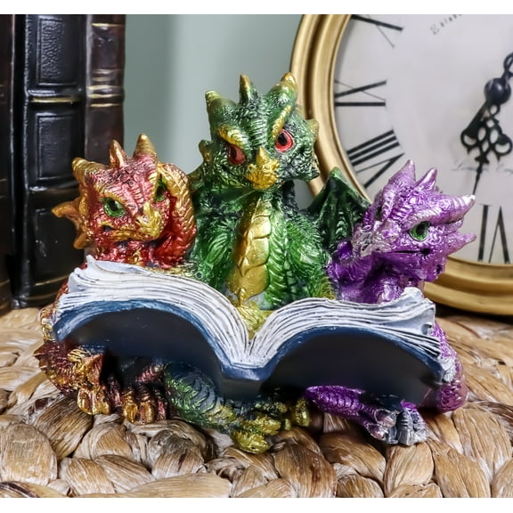 Ebros Metallic Three Bookworms Baby Dragons Reading Wyrmlings Figurine 3.25"H
