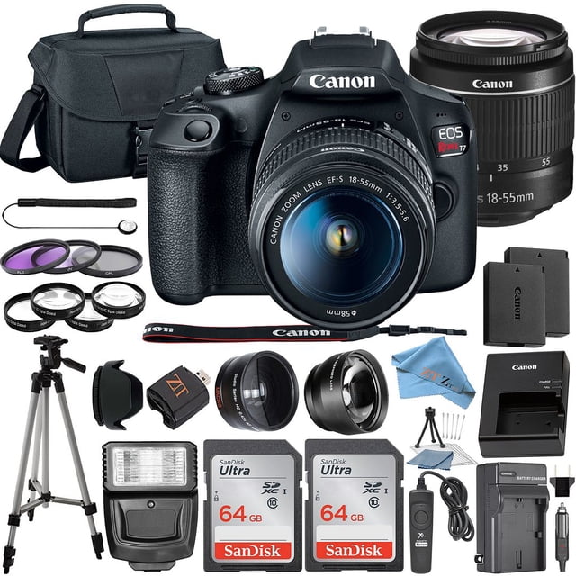Canon EOS Rebel T7 DSLR Camera Bundle with 18-55mm Lens + 2 Pcs SanDisk 64GB Memory Cards + Tripod + Deluxe Camera Case + Flash + ZeeTech Accessory Kit