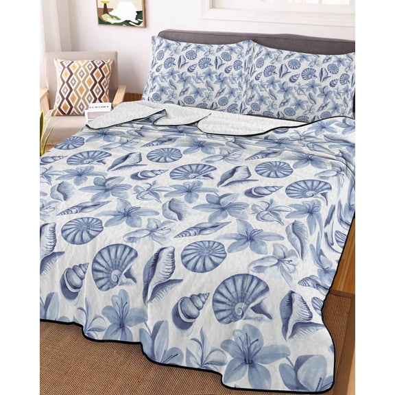 Blue Coastal Queen Size Down Alternative Comforter, Lightweight Comforter Quilt Bedding Set with Pillow Shams Shell Floral Ocean Retro All Seasons Bed Comforter Duvet Insert 90"x96"