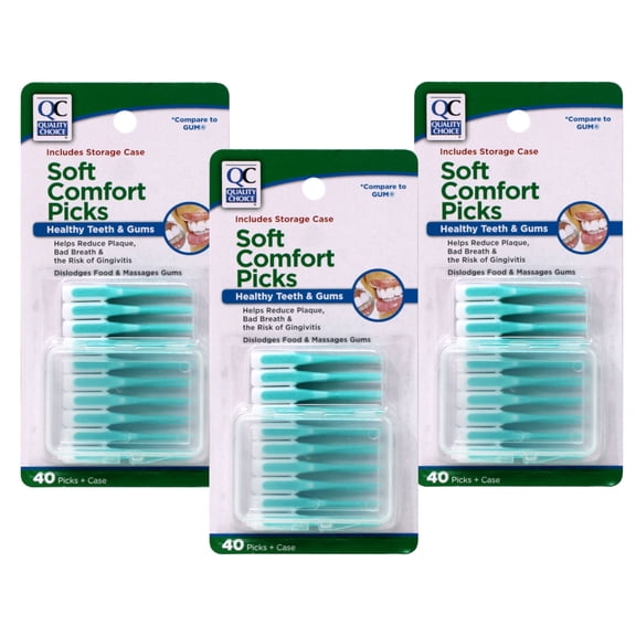 Quality Choice Soft Comfort Picks with Travel Case, Fresh Mint Flavor, 40 Picks - 3 Pack