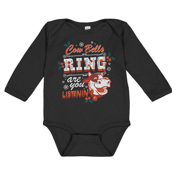 TeesAndTankYou Cow Bell's Ring, Are You Listenin'? Christmas Long Sleeve Baby Onesie Infant One Piece Bodysuit Newborn Black