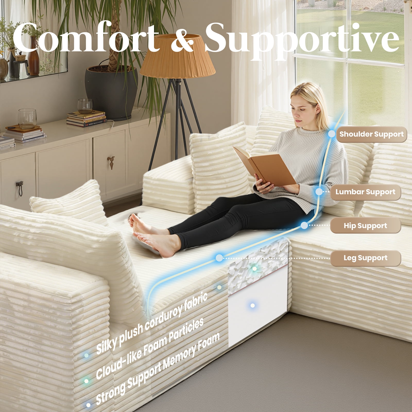 Kelyda 139'' U Shaped Sectional Couches, Modern Modular Boneless 8 Seater Large Foam Cloud Sofa Beige