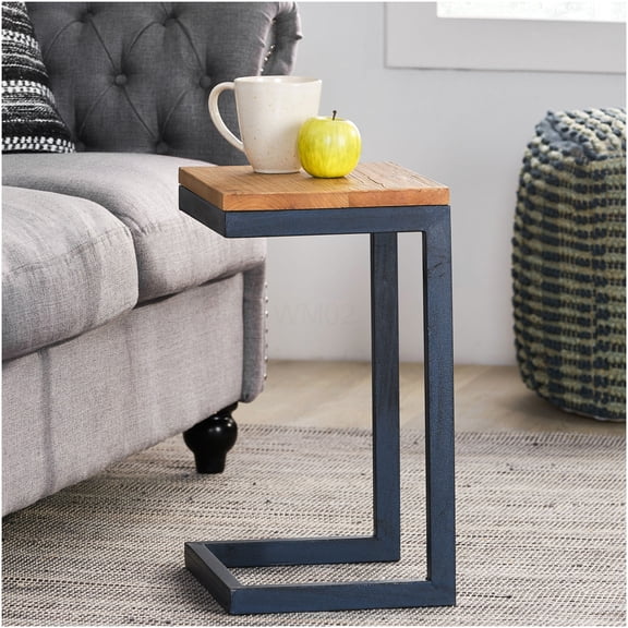 Antique Natural Fir Wood End Table with Metal Base, Small Accent Table for Living Room, Bedroom, or Office