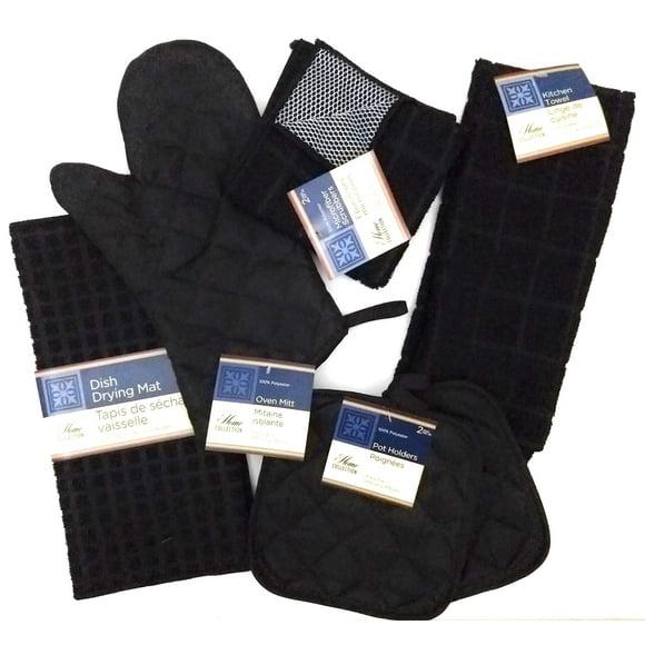 Kitchen Towel Set with 2 Quilted Pot Holders, Oven Mitt, Dish Towel, Dish Drying Mat, 2 Microfiber Scrubbing Dishcloths (Black)
