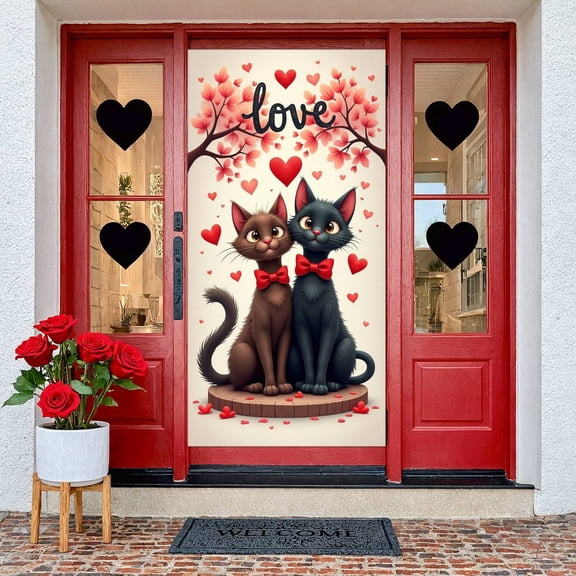 Feline Theme Love Banner Red Bow Ties Valentine Display Heart Pattern Cherry Blossom Design Backdrop for Valentine's Day Romantic Party Wedding Decoration