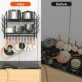 thumbnail image 5 of 35 Inch Pot Rack Wall Mounted, 2 Tier Pots and Pans Organizer with 20 Hooks and 6 Pot Lid Holders, Heavy Duty Steel Pot and Pan Hanger for Kitchen Cookware Utensils Storage 34.7" Lx13 Wx26.4 H, 5 of 7