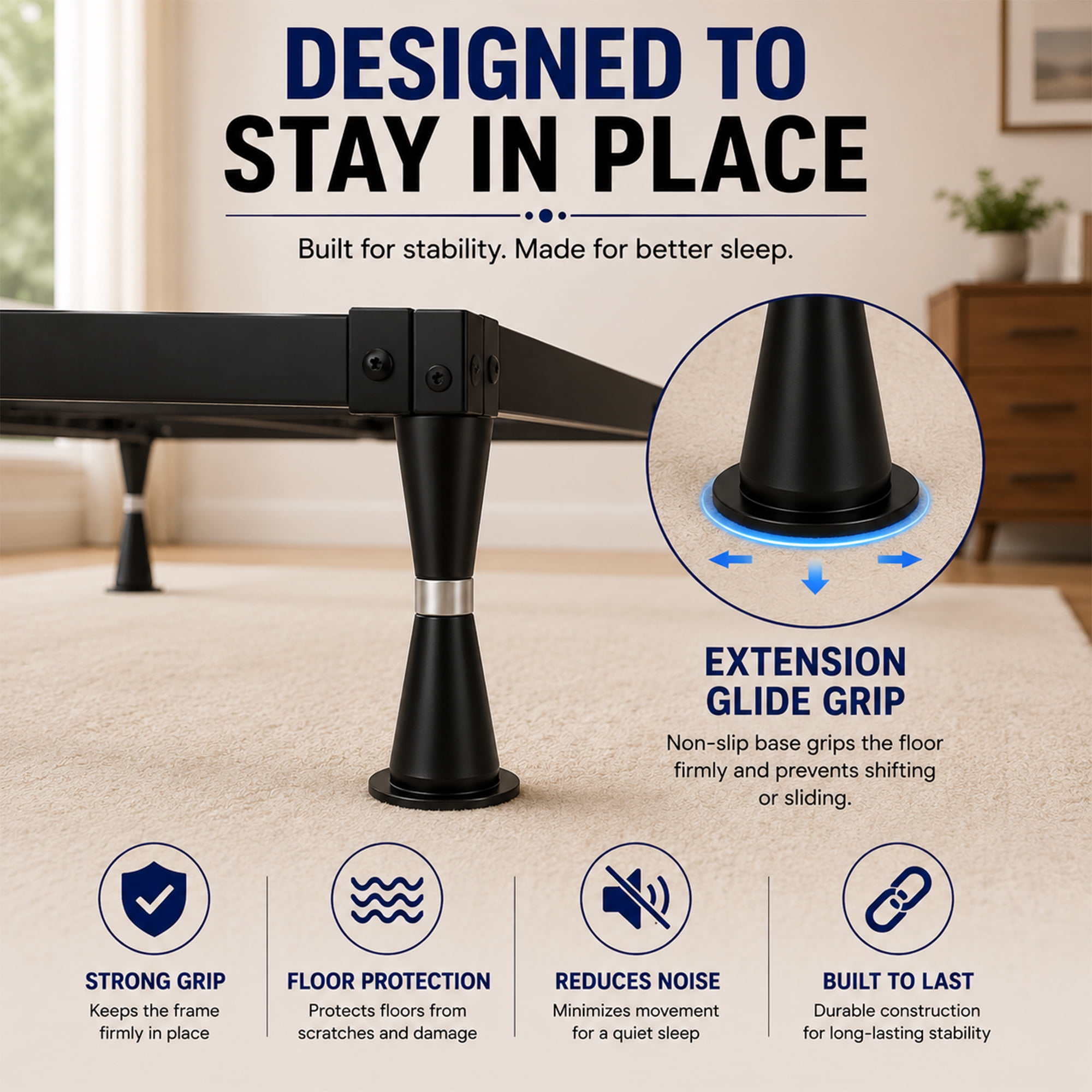 Continental Sleep, Advanced Metal Bed Frame for Box Spring and Mattress, Iron Center Support, Headboard Attachable, Noise-Free, Tool-Free Easy Assembly, 6-Legs Support, King, Black