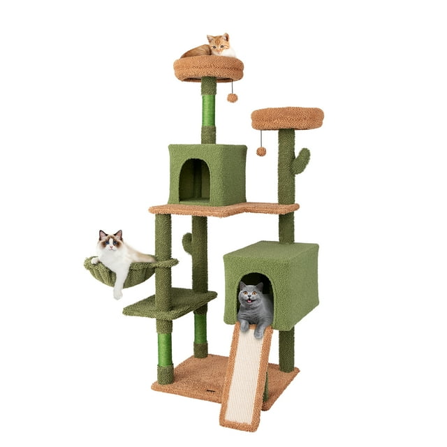 Gymax 63'' Cactus Cat Tree for Indoor Cats w/Sisal Scratching Posts & Ladder Basket Bed