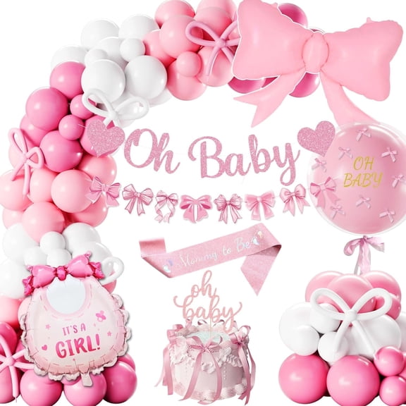 AYUQI Baby Shower Decorations Girl, Pink Bow Latex Balloons, Oh Baby Pink Bow Banner, Coquette Party Decorations, It's a Girl Party Supplies