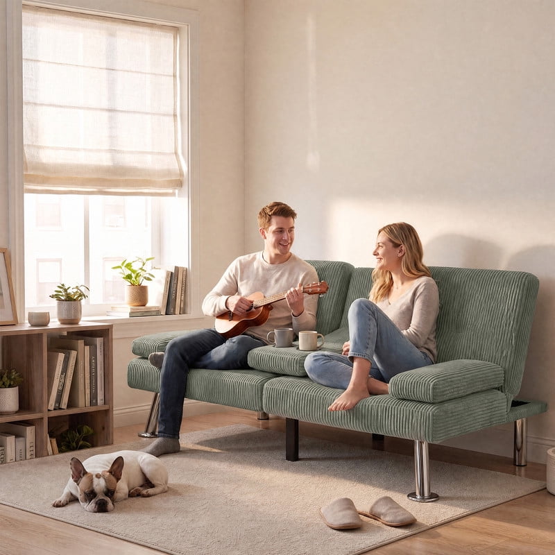 Lacoo Futon Sofa Bed, Corduroy Convertible Couch Sleeper Sofa, Cup Holders, Small Spaces,Green