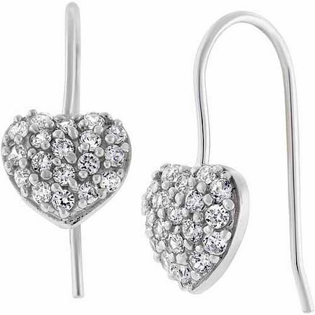 CZ Sterling Silver Pave Heart 3/4" Drop Earrings