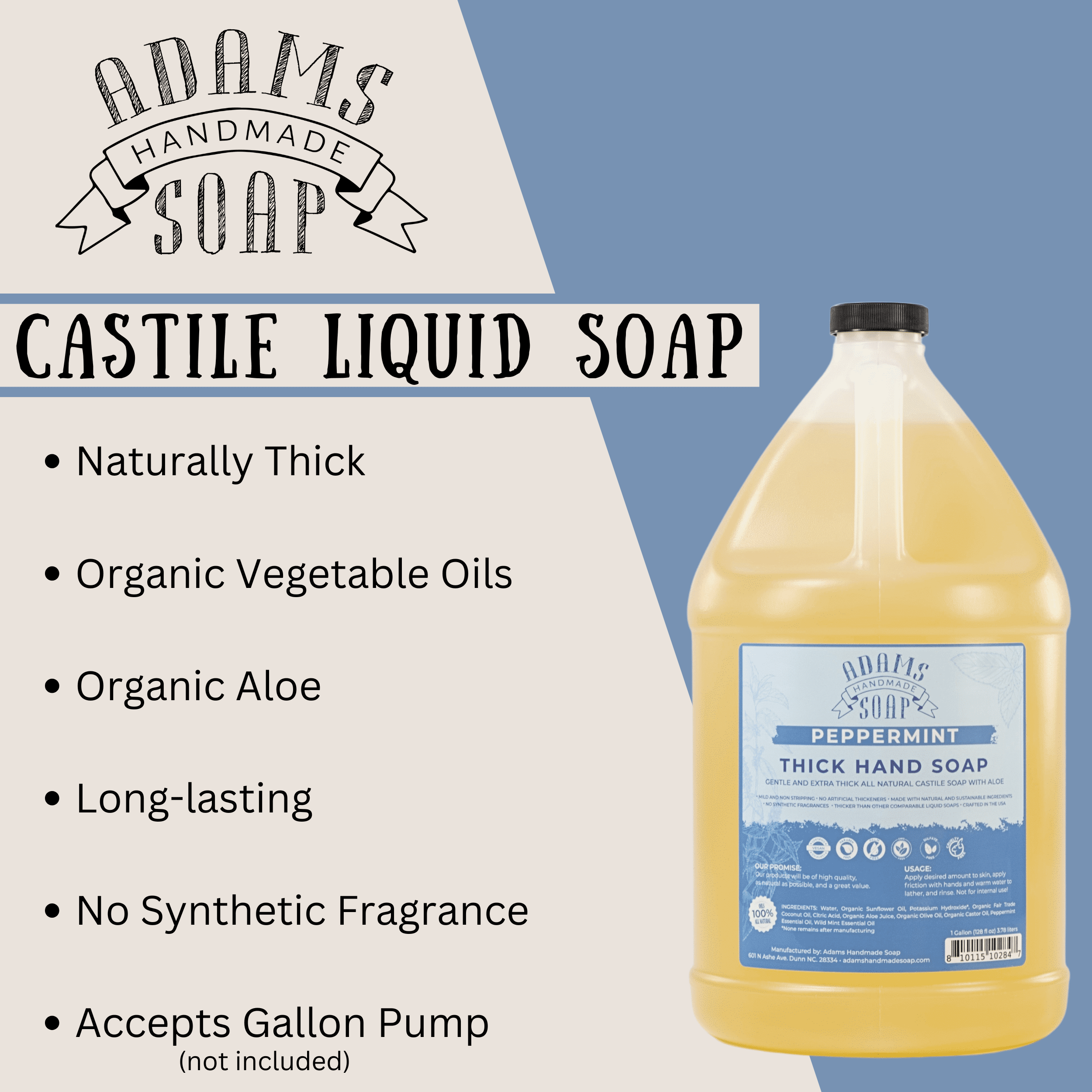 Peppermint Organic Castile Liquid Hand Soap 1 Gallon Refill Adams Handmade Soap