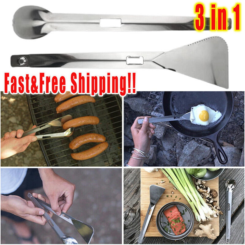 3 In 1 Tongs Spatula Spork Stainless Steel Multi Utensil for Camping BBQ Picnic