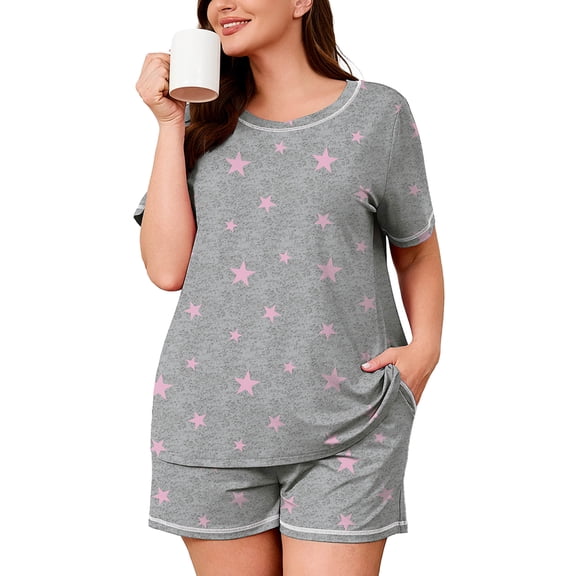 SHOWMALL Pajamas for Plus Women 2 Piece Short Sleeve Tops and Shorts Lounge Set Soft Sleepwear with Pockets Pink Stars 3X
