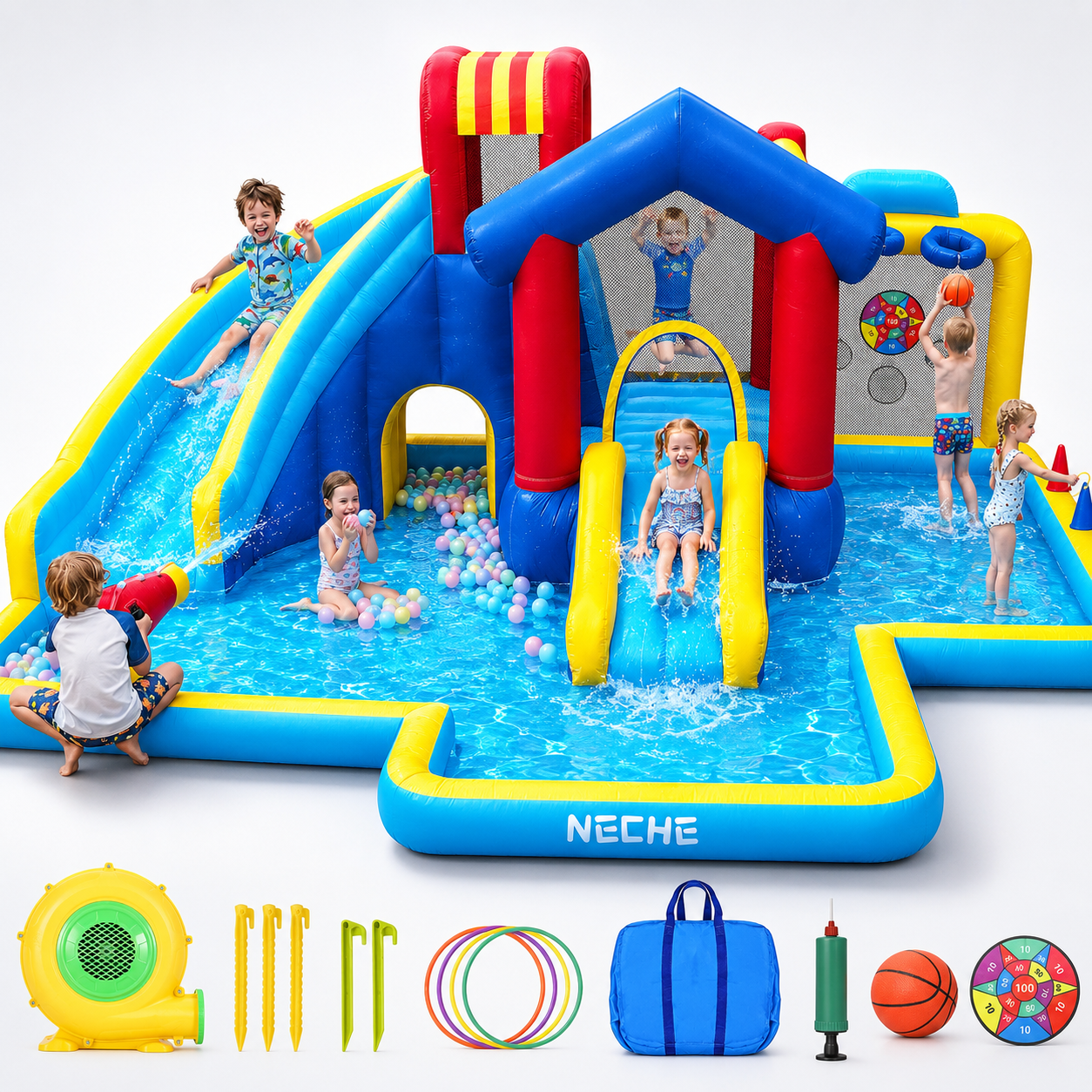 Neche Inflatable Water Slide with 550W Blower, Bounce House with Dual Slides, Splash Pool, Backyard Water Park for Kids Ages 3-8, 500 lbs Capacity
