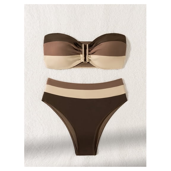 Bandeau Bikini Set - High Waisted Two Piece Swimsuit for Women; Color Block Design, Buckle Accent, Removable Straps; Summer Beach Pool Swimwear