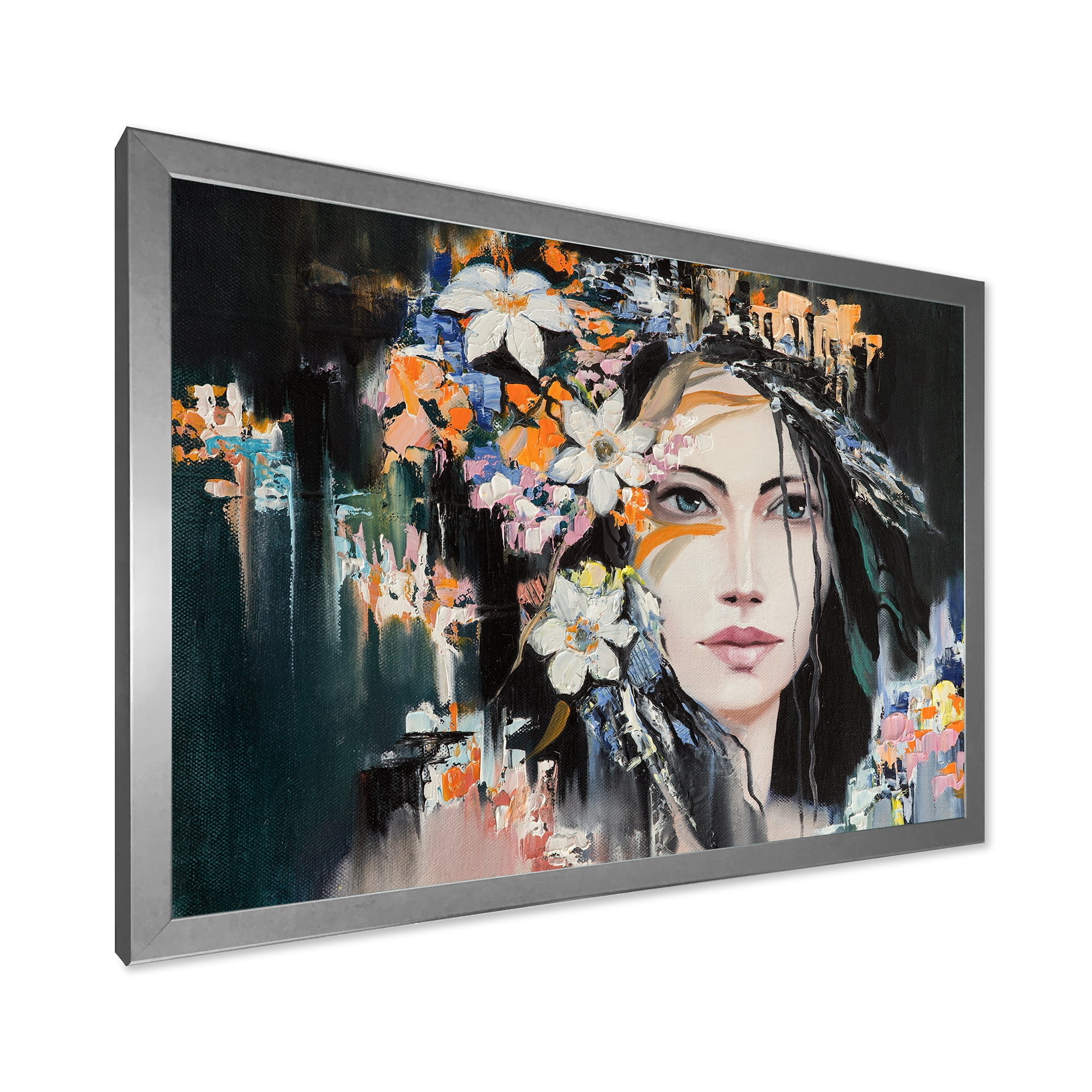Designart 'Portrait Of A Young Woman With Flowers I' Modern Framed Art Print