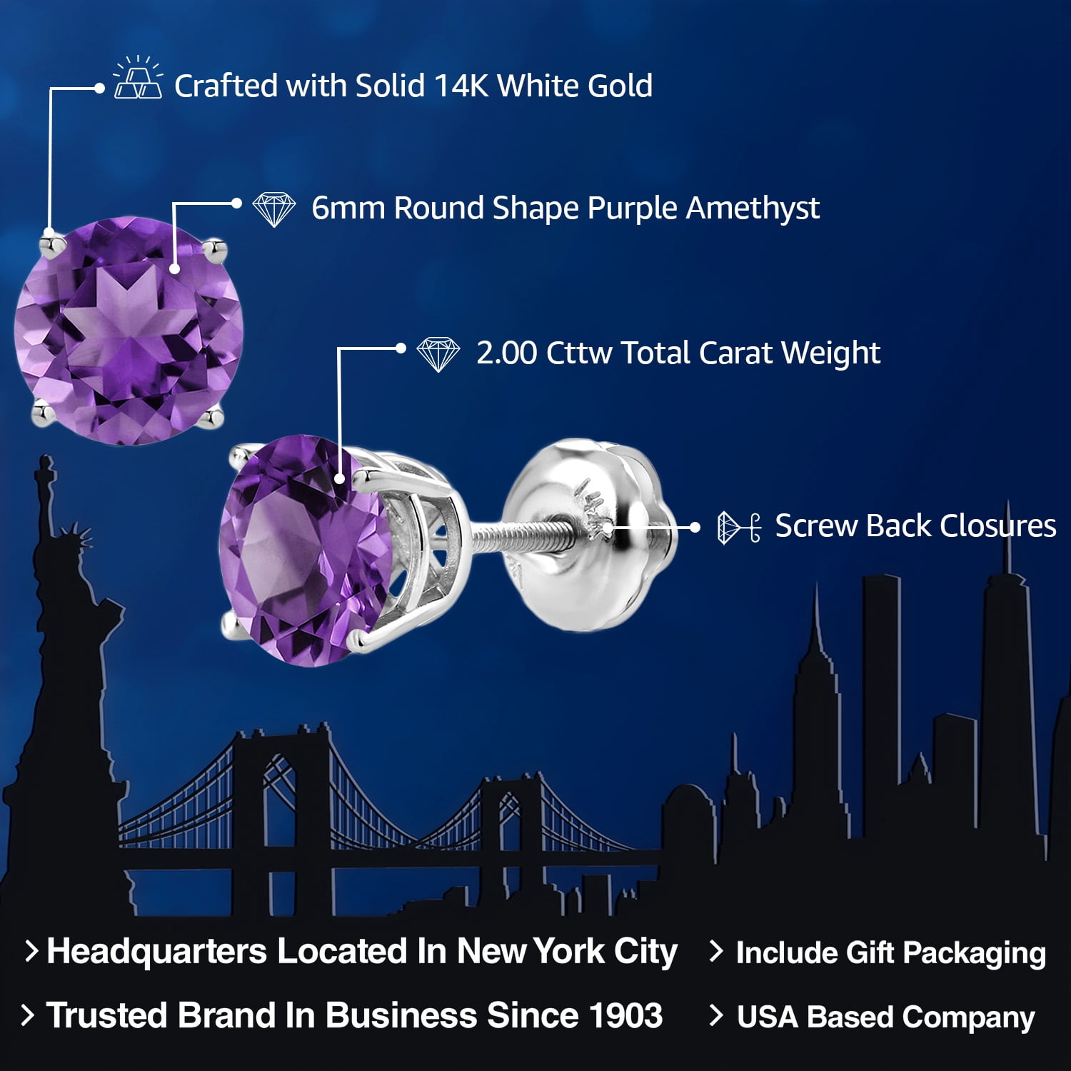 Gem Stone King 14K White Gold Purple Amethyst Screwback Stud Earrings for Women Men (2.00 Cttw, Gemstone Birthstone, Round 6MM)