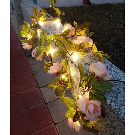 Morttic Artificial Vine 50LEDs String Lights, Battery Powered Rose Flower Christmas Garland Fairy Lights for Valentines Christmas Wedding Home Party Decor