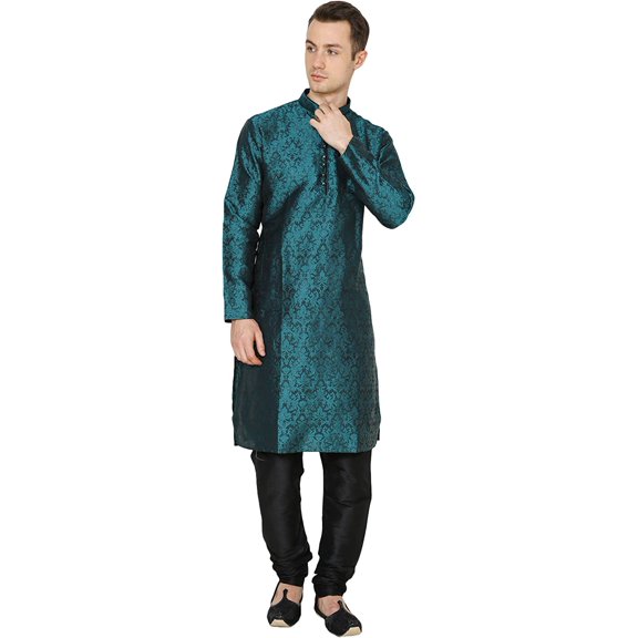 Royal Kurta Men's Jacquard Silk Floral Kurta Pyjama Green