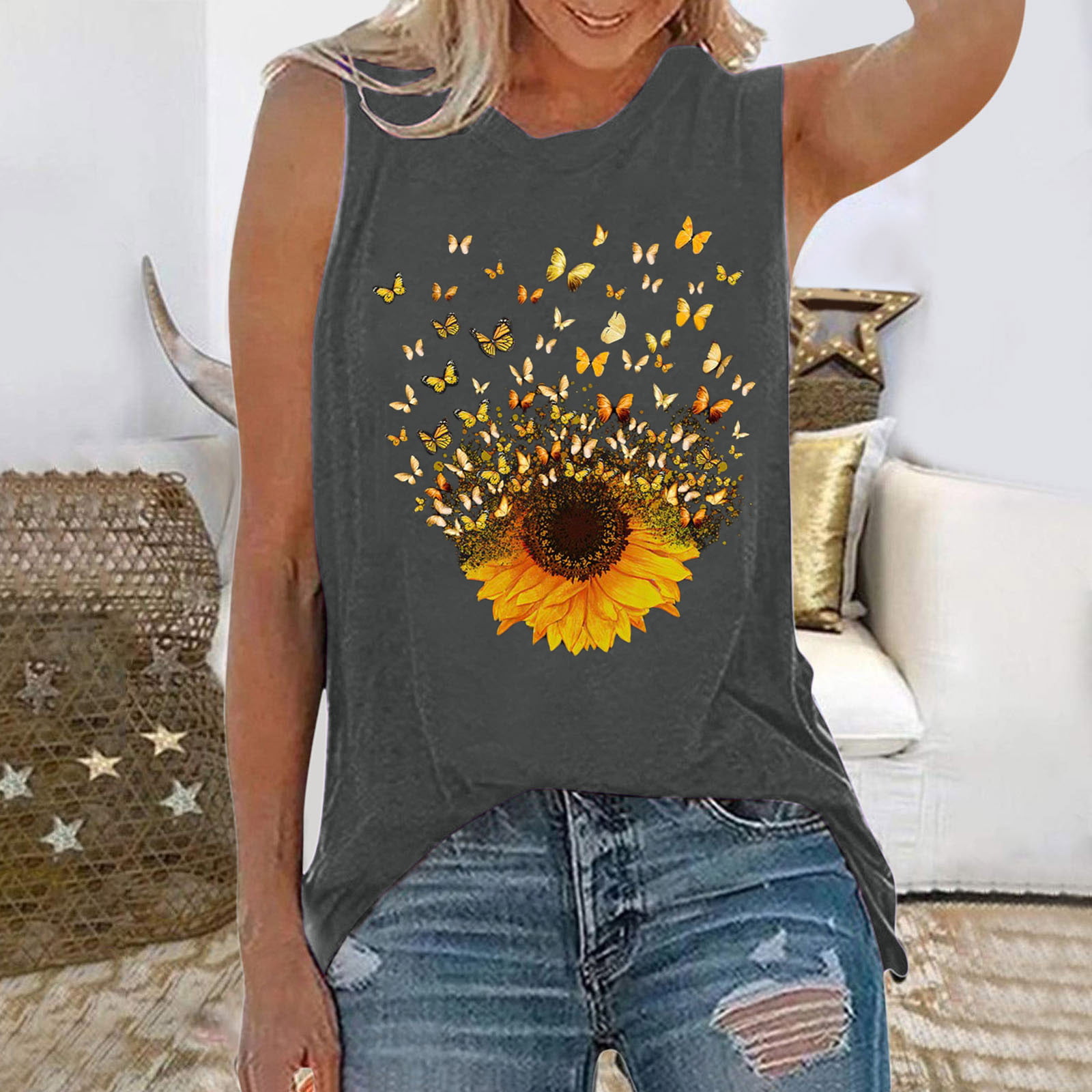 Womens Sunflower Tank Tops Crew Neck Sleeveless Tee Shirt Vest Casual Summer Blouse Tops 