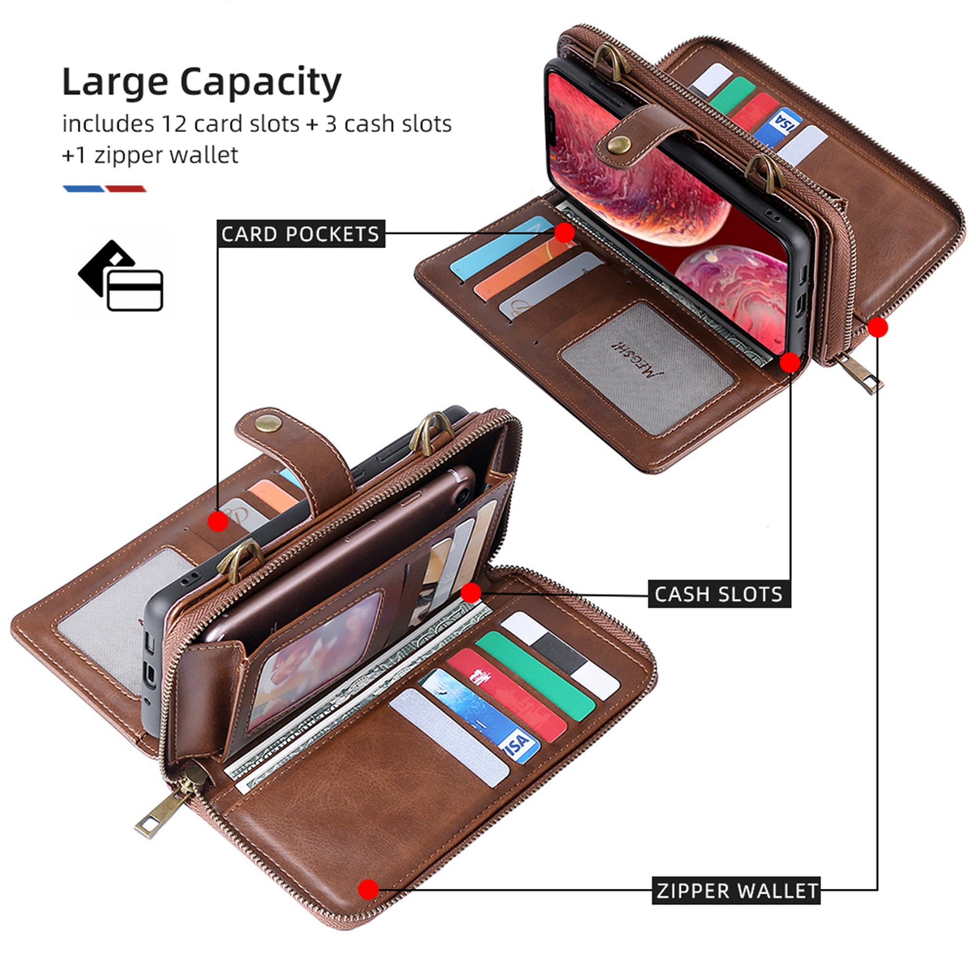 Dteck Wallet Case for iPhone 12 Pro / iPhone 12 6.1-inch, 2 in 1 Magnetic Detachable Wallet Purse [Crossbody Chain] Durable PU Leather Zipper Handbag Folio Flip Card Slot Protection Back Cover, Brown