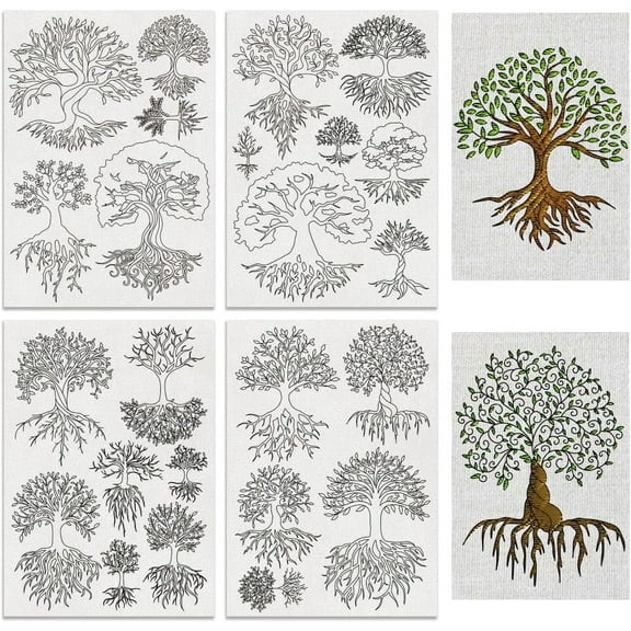 4Sheets 24Pcs Trees Water Soluble Embroidery 11.7x8.3inch Branches Leaves Stick and Stitch Embroidery Paper Stabilizer