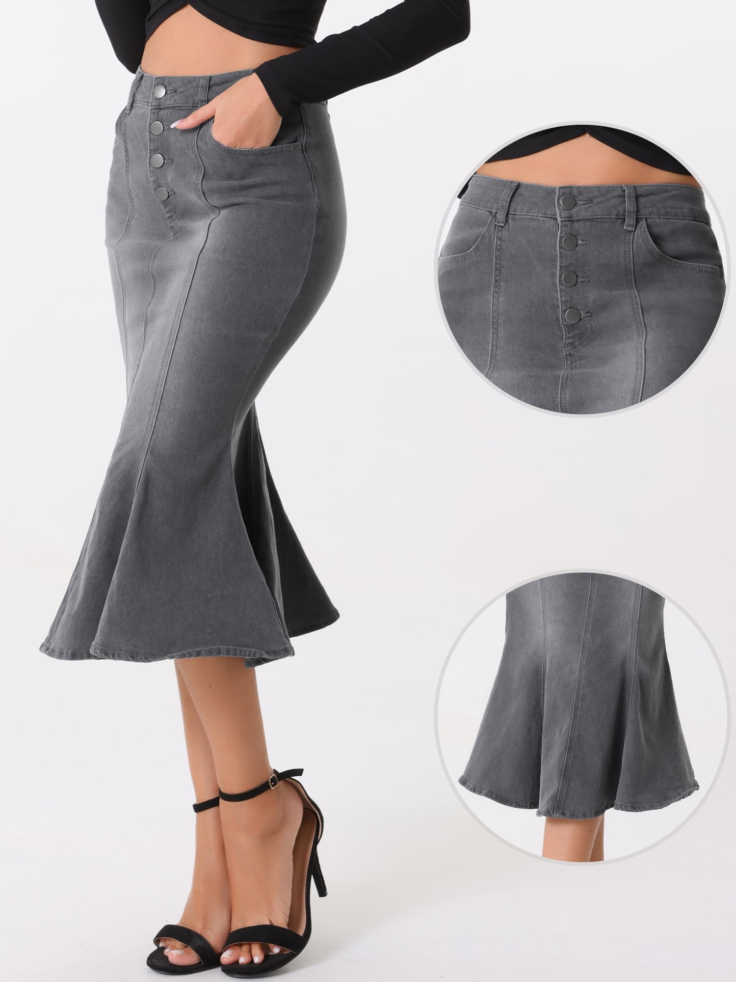 DARING DIVA Women's Soft Elegant Washed Fishtail Casual Midi Denim Skirt XL Grey