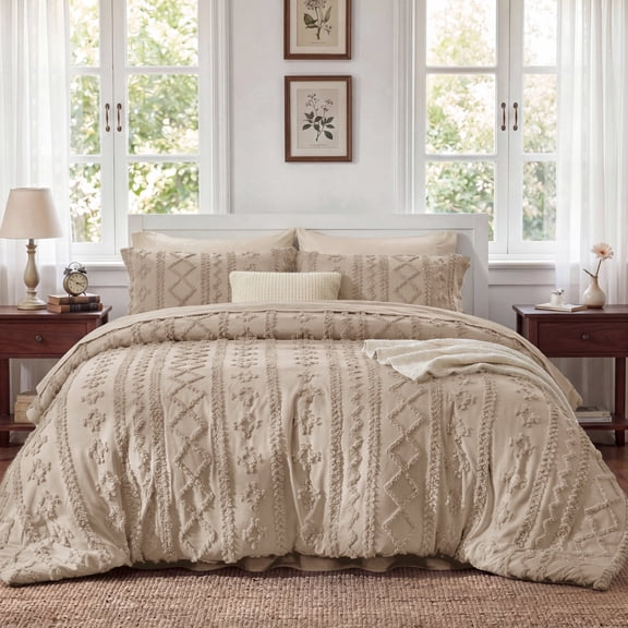 U by Bedsure Tufted Boho Comforter Set Full, Khaki, 3 Pieces Farmhouse Shabby Chic Embroidery Bedding Set, Soft Jacquard Comforter for All Seasons