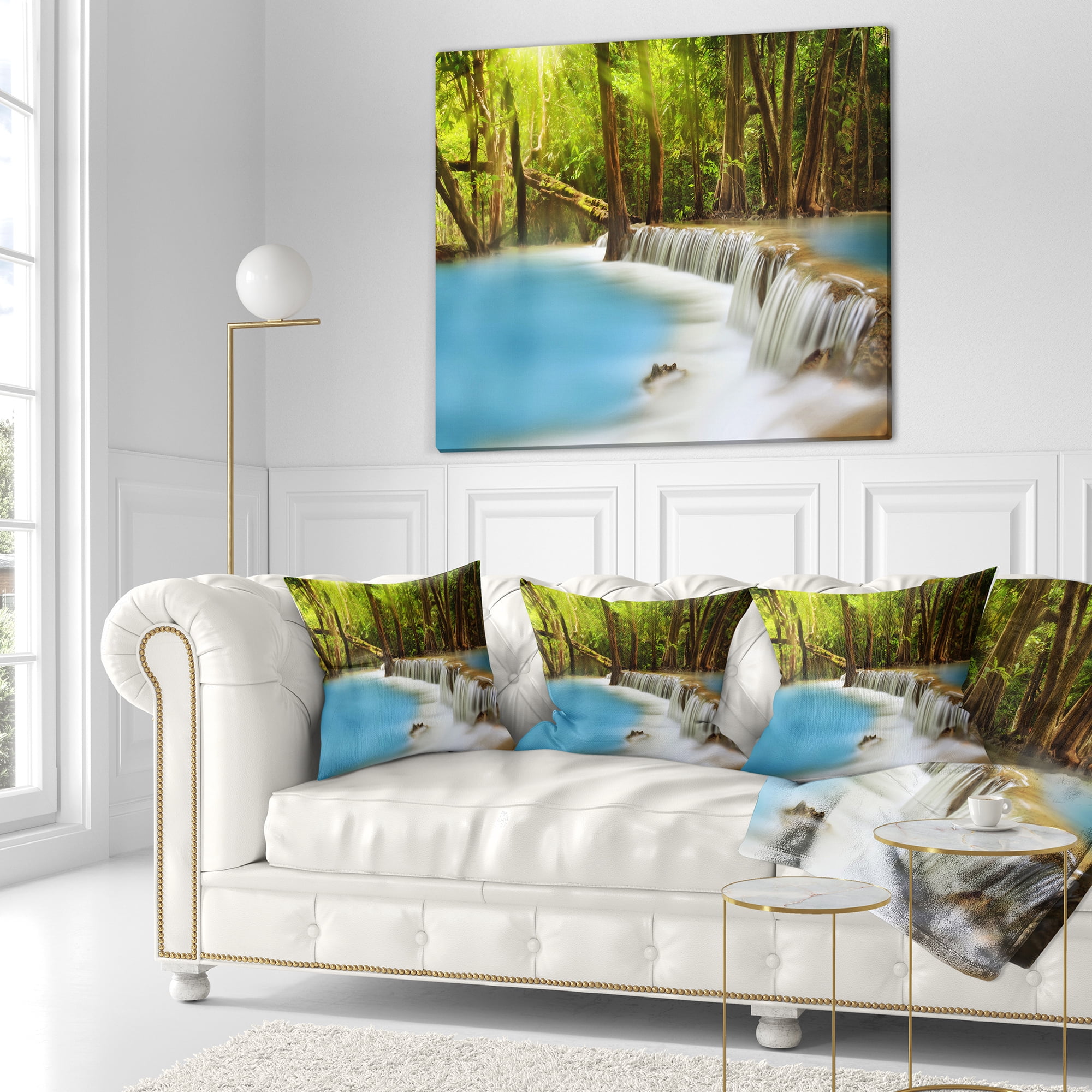 Designart Huai Mae Kamin Waterfall - Photography Throw Pillow - 18x18