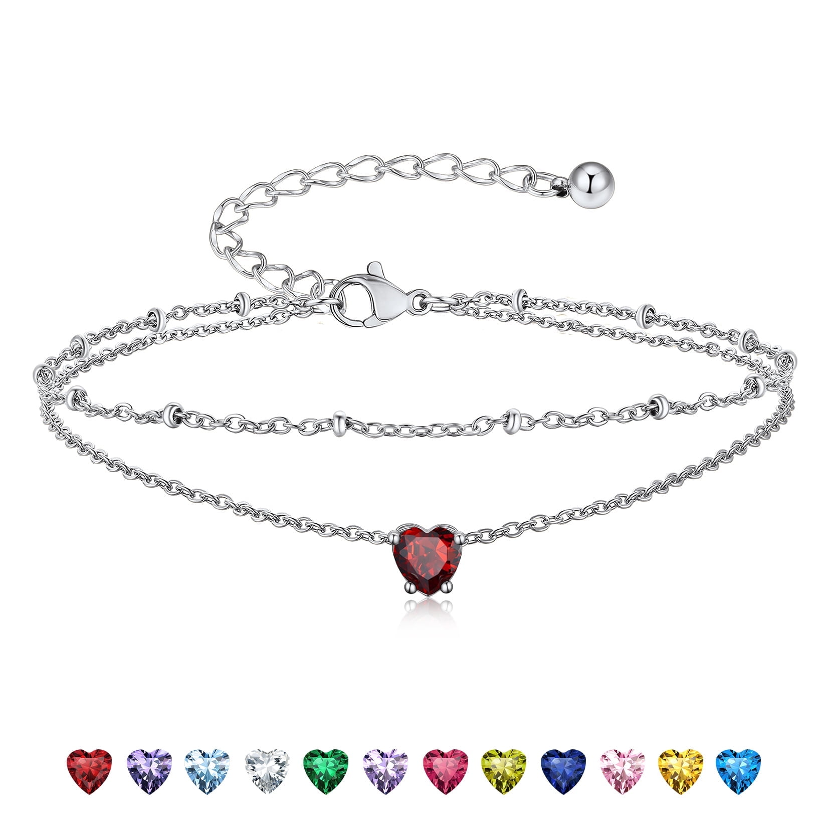 Suplight 925 Stelring Silver Birthstone Crystal Anklet Double Layered Chain Anklet Bracelets for Women