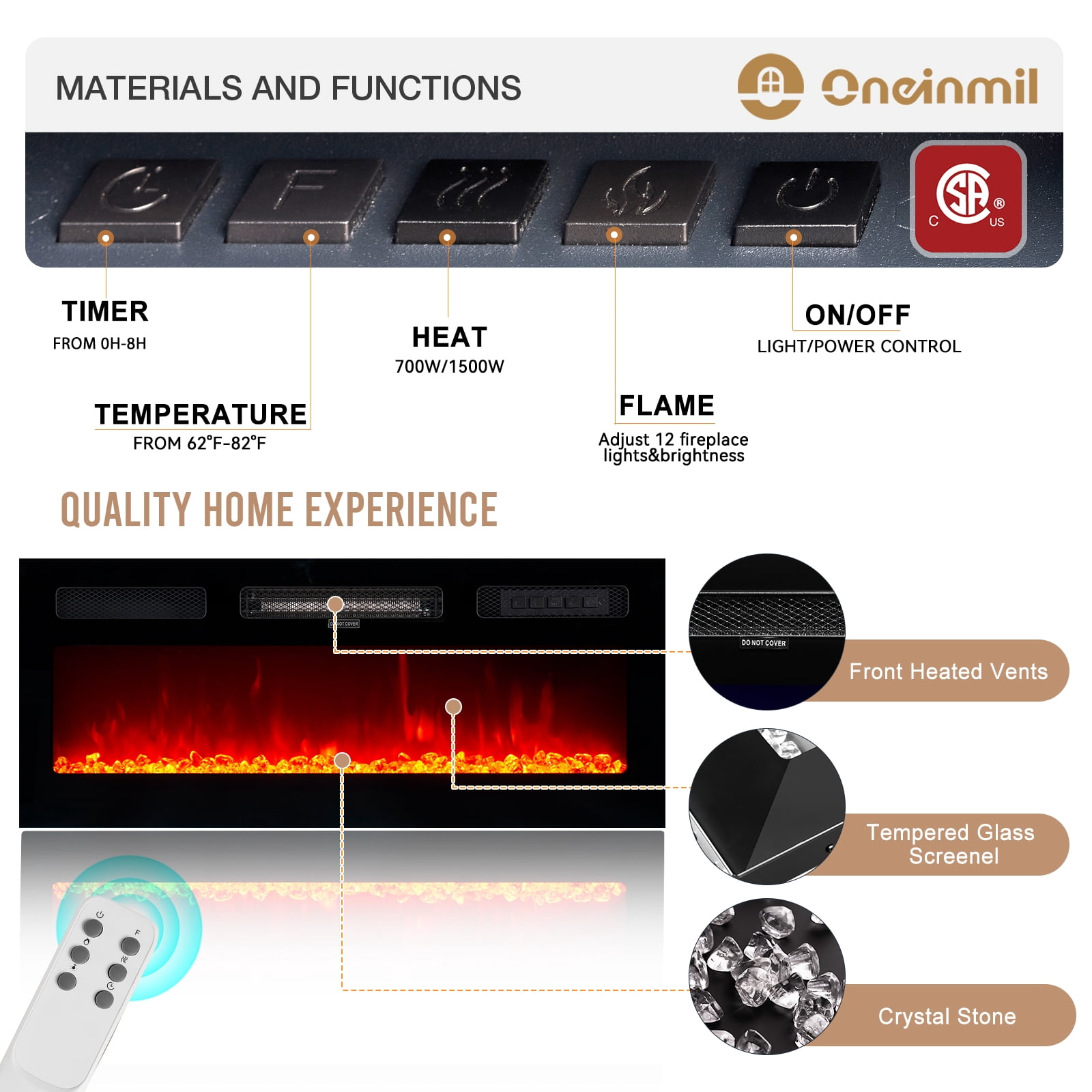 Oneinmil Fireplace TV Stand with 36” Electric Fireplace, Entertainment Center for TVs up to 90", LED Lights Entertainment Center, TV Console, White
