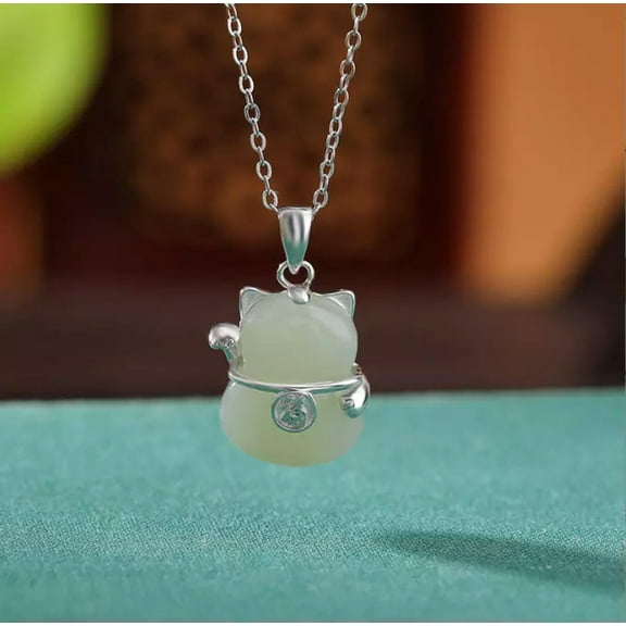 K-KED S925 Sterling Silver White Jade Cat Pendant with O Chain Women Necklace