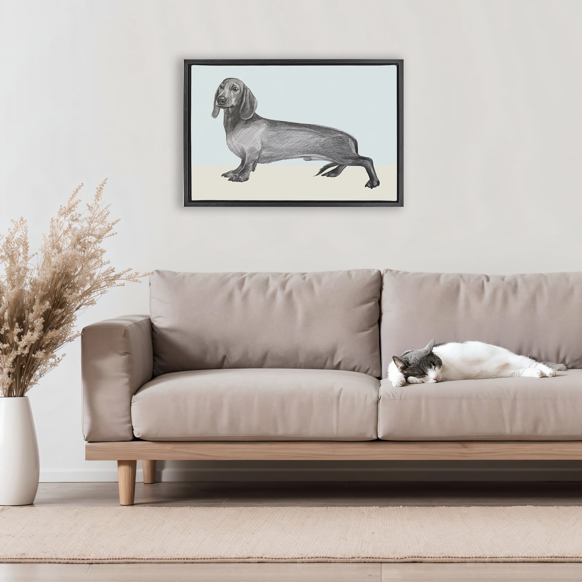 Stupell Industries Sketched Dachshund on Blue Black Framed Floater Canvas Wall Art, design by Violeta Vollmer