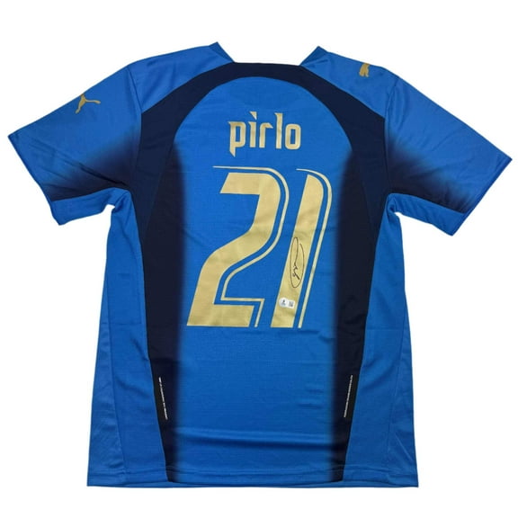 Autographed/Signed Andrea Pirlo Italy Blue Soccer Futbol Jersey Beckett BAS COA
